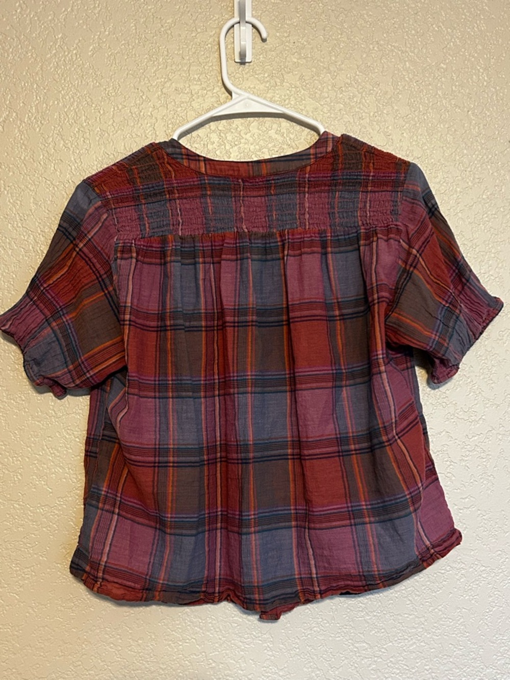 Lucky Brand Plaid Peasant Blouse XS Boho Smocked Yoke Cotton Short Sleeve Top - Picture 5 of 8